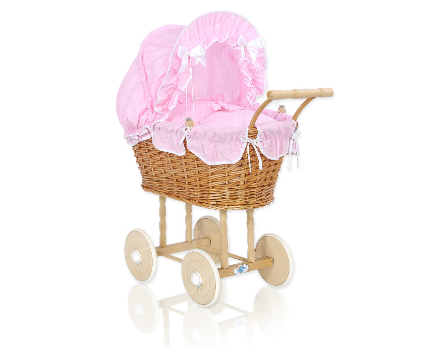 Wicker poppenwagen - rieten kinderwagen - met bekleding & rubberen wielen voor veilig spelen