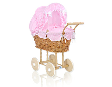 Wicker poppenwagen - rieten kinderwagen - met bekleding & rubberen wielen voor veilig spelen