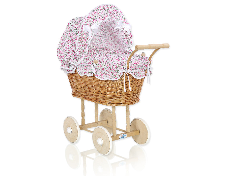 Wicker poppenwagen - rieten kinderwagen - met bekleding & rubberen wielen voor veilig spelen
