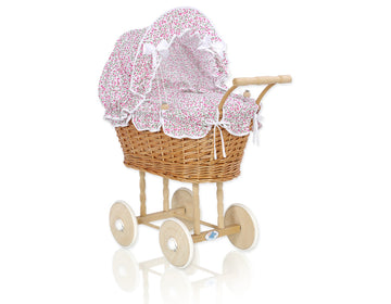 Wicker poppenwagen - rieten kinderwagen - met bekleding & rubberen wielen voor veilig spelen