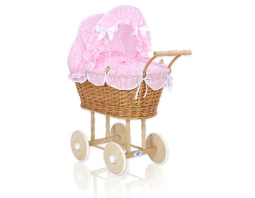 Wicker poppenwagen - rieten kinderwagen - met bekleding & rubberen wielen voor veilig spelen