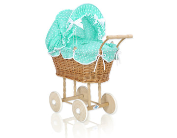 Wicker poppenwagen - rieten buggy - met mint bekleding, ecologisch & handgemaakt