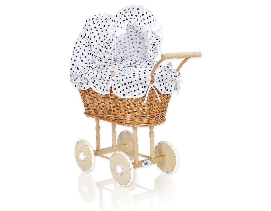 Dockvagn i rotting - lekvagn - ekologiskt bokträ, gummihjul, med docksängkläder