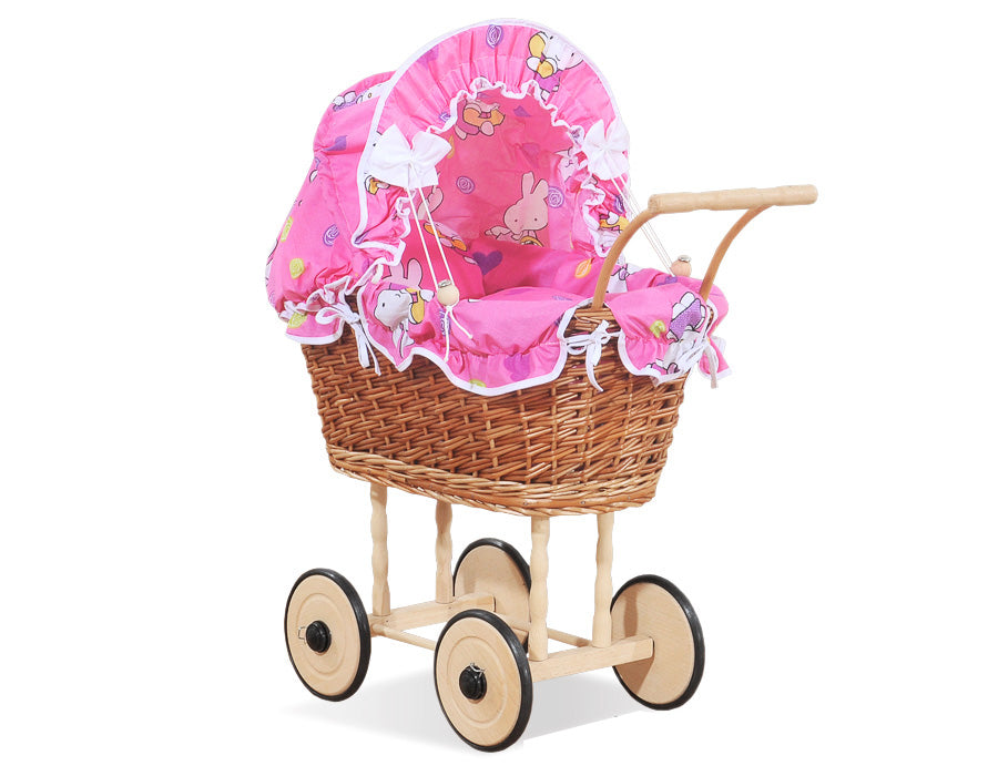Wicker poppenwagen - rieten kinderwagen - met bekleding & rubberen wielen voor veilig spelen