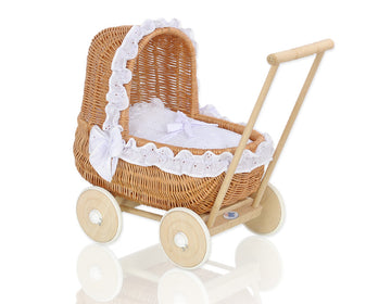 Wicker poppenwagen, rieten kinderbuggy, handgemaakt & stevig met houten frame - BellaFurn