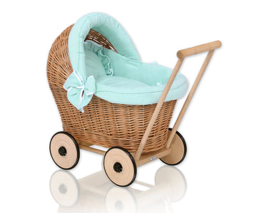 Wicker poppenwagen, rieten kinderwagen, met mint bekleding - handgemaakt & extra zacht