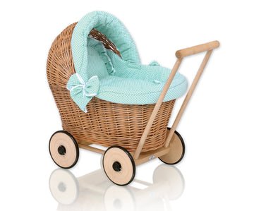 Wicker poppenwagen, rieten kinderwagen, met mint bekleding - handgemaakt & extra zacht