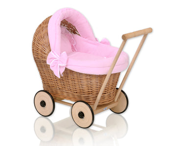 Wicker poppenwagen - rieten speelgoedwagentje - met roze zachte bekleding en stabiel houten