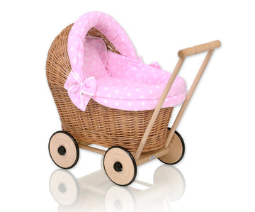 Wicker poppenwagen - rieten speelgoedwagentje - met roze zachte bekleding en stabiel houten