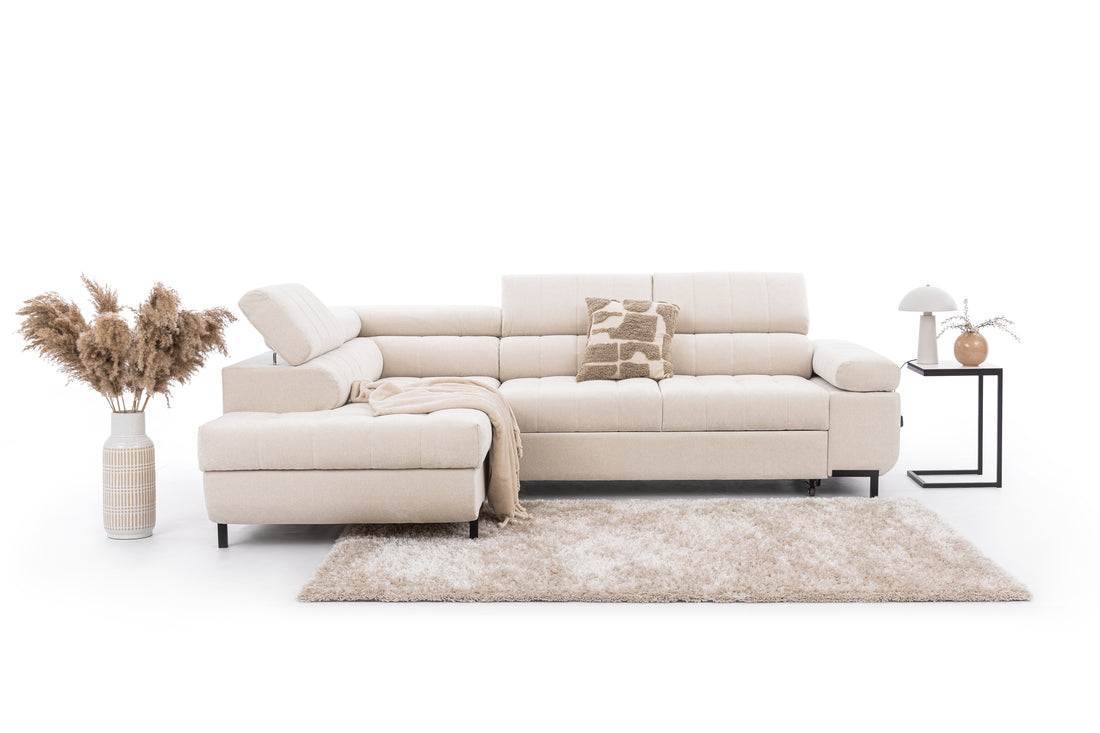 Links uitklapbare hoekbank Tyrion L - Beige Chenille Ditra New 20 | 269x79/97x203 cm