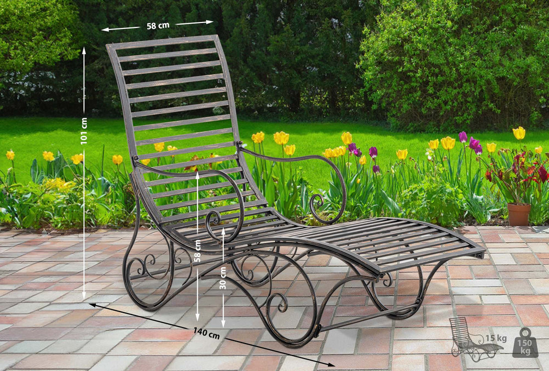 Tuinstoel Amiens - Antieke metalen ligstoel | Kleur: Bronzen | Afmetingen: 58x140x101 cm