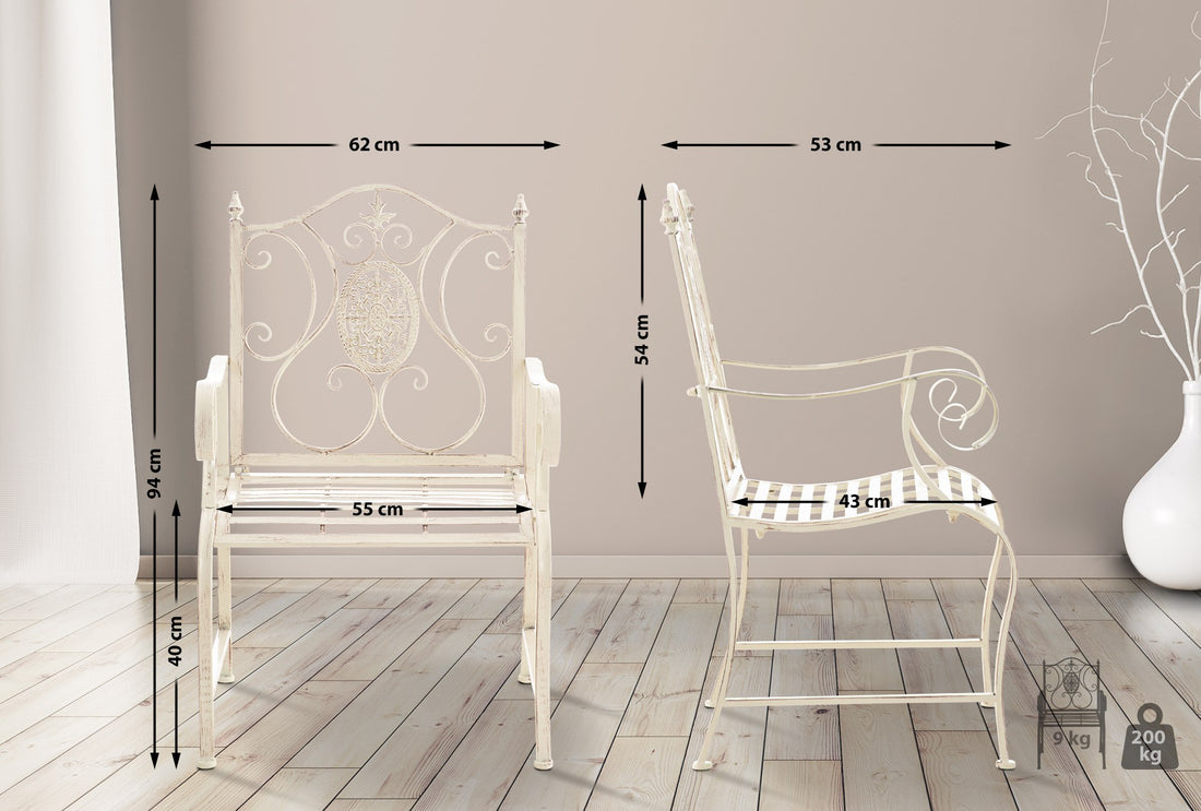 Tuinstoel Punjab - Art Nouveau ijzeren tuinstoel | Kleur: antiek/creme | Afmetingen: 62x53x94 cm