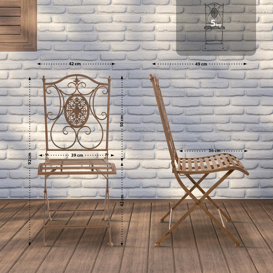 Klapbare ijzeren tuinstoel Sibell | Kleur: antiek bruin | Afmetingen: 42x49x91.5 cm