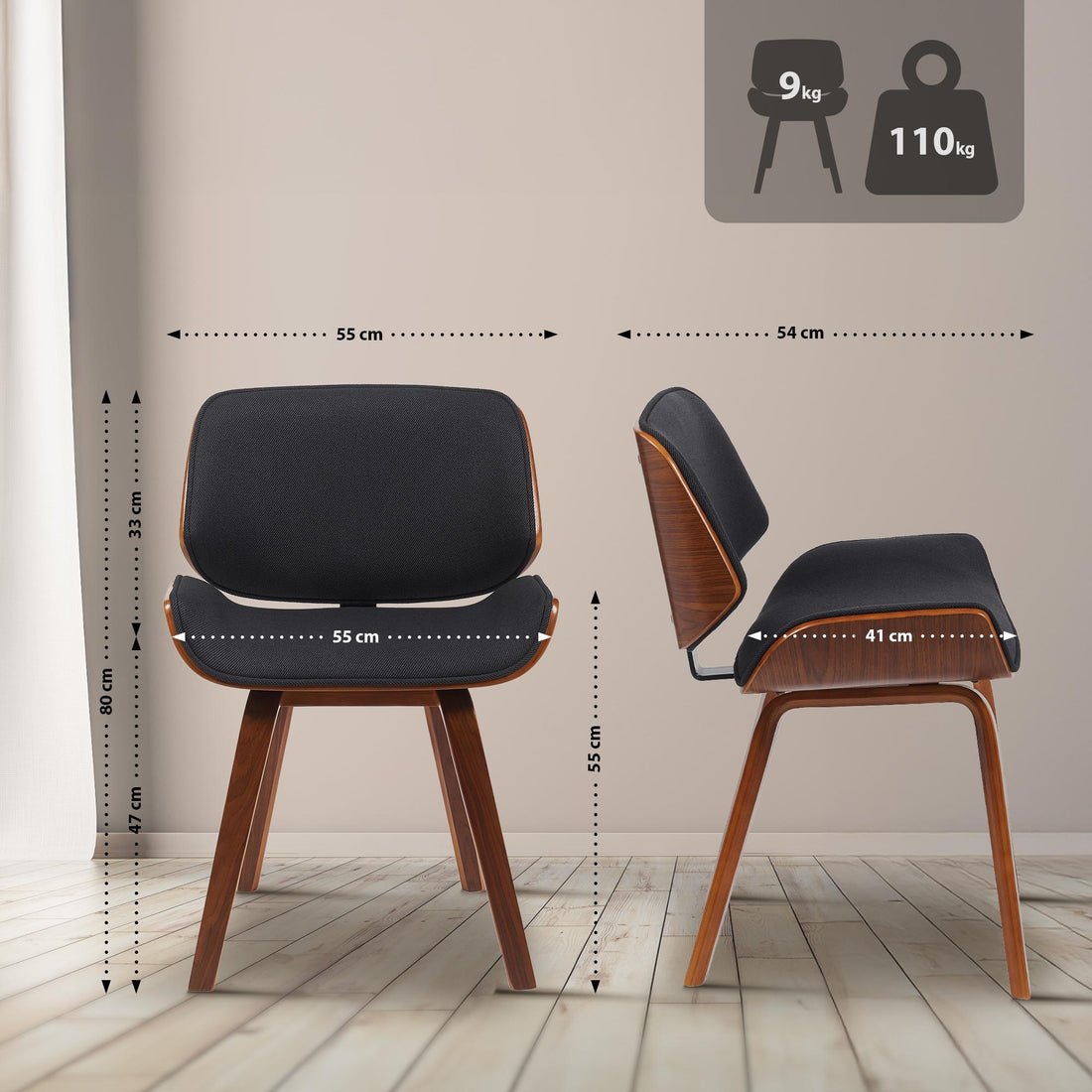 Set van 2 eetkamerstoelen Beverley - Retro | Kleur: walnoot/zwart | Afmetingen: 55x41x80 cm