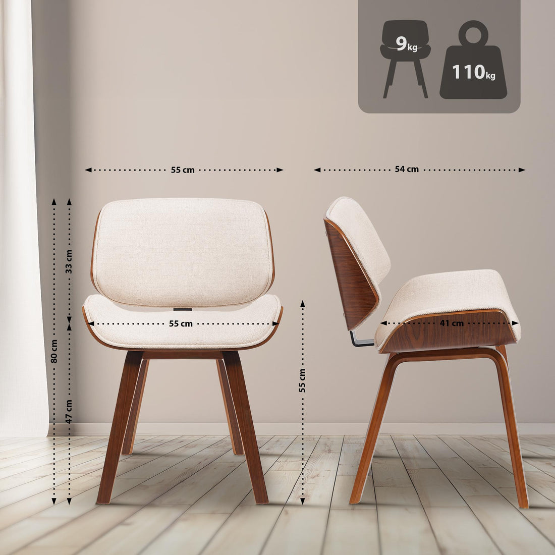 Set van 2 Eetkamerstoelen Beverley | Kleur: walnoot/creme | Afmetingen: 55x41x80 cm