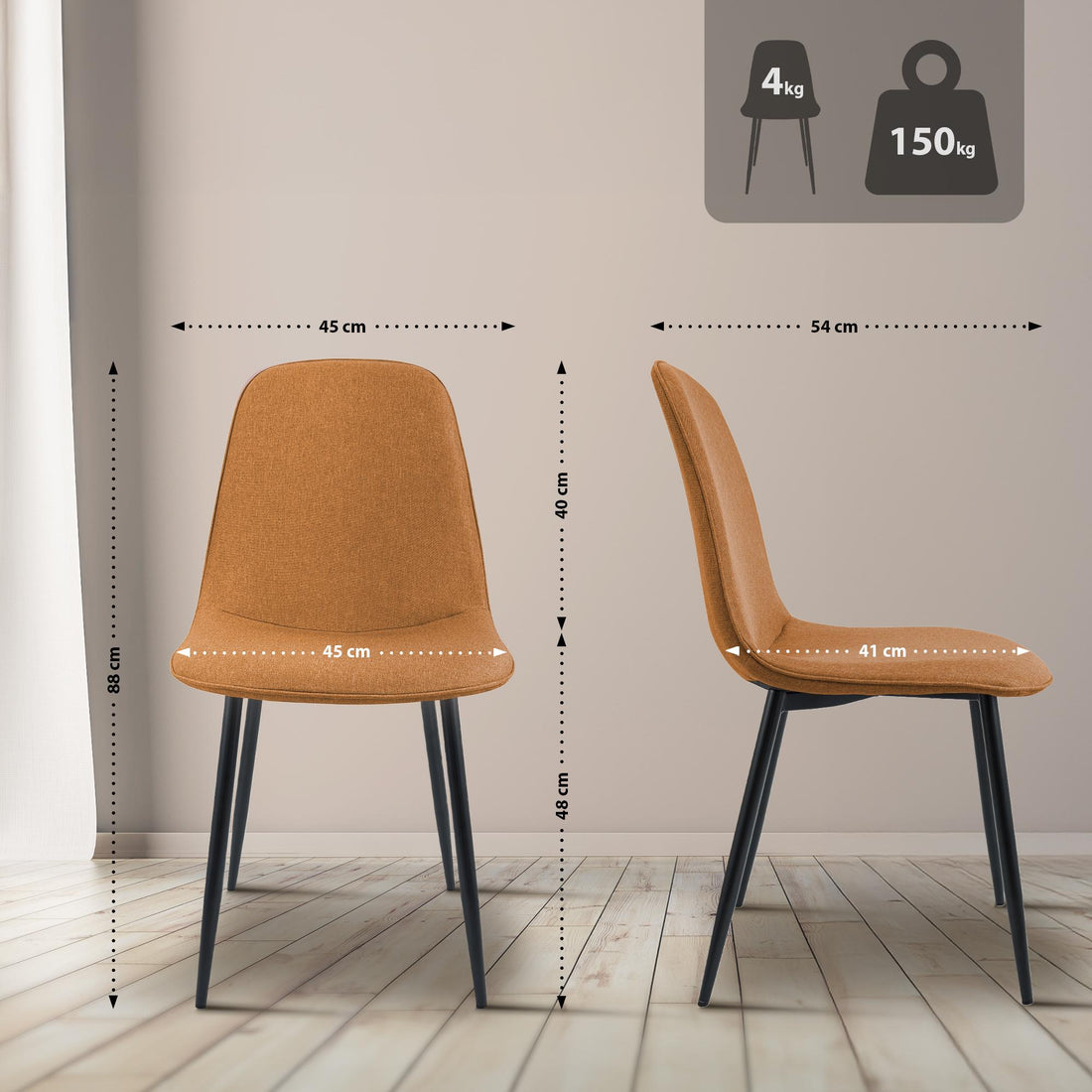 Set van 4 eetkamerstoelen Maryam | Kleur: Oranje | Afmetingen: 45x54x88 cm