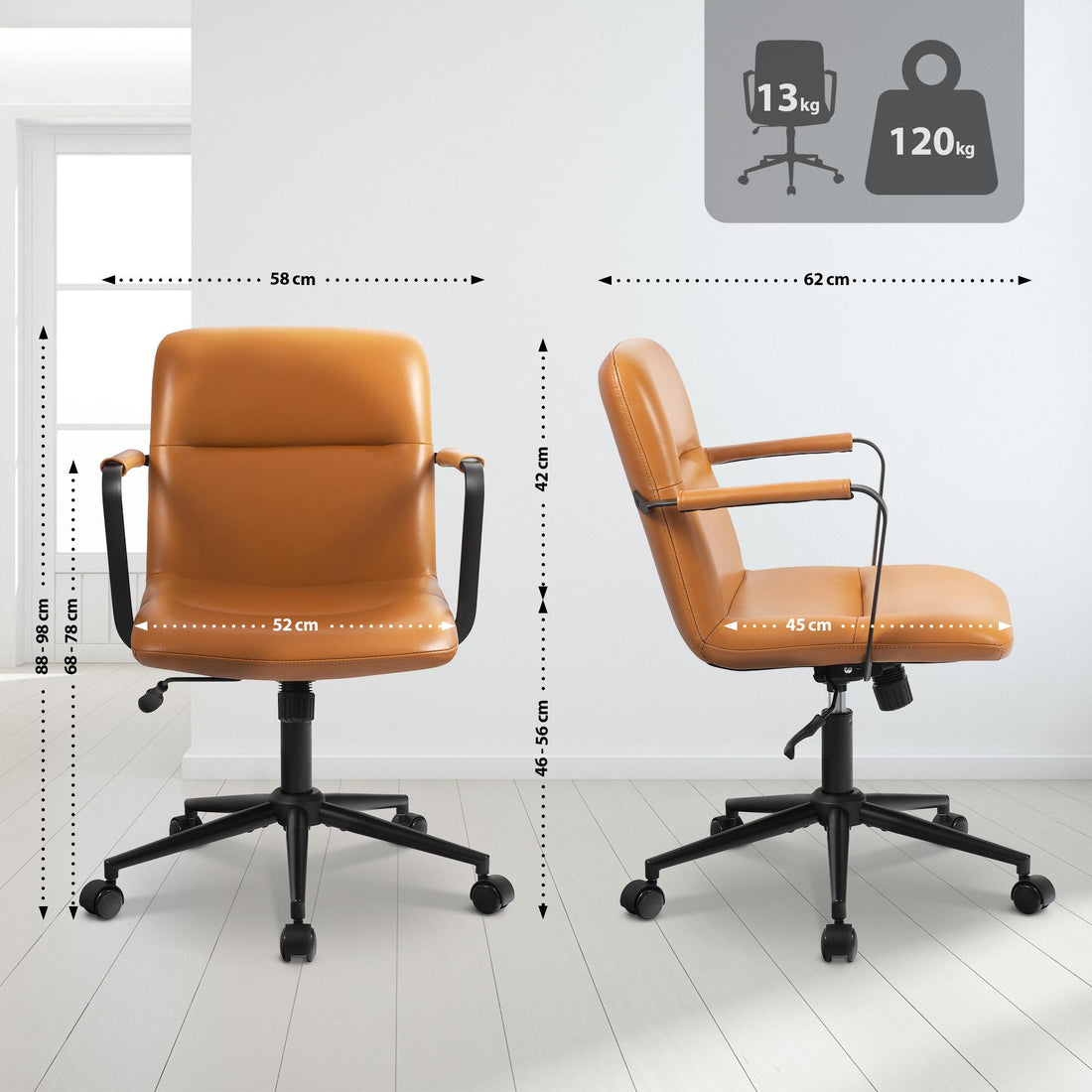 Hilda bureaustoel van echt buffelleer | Kleur: Bruin | Afmetingen: 58x62x88 cm