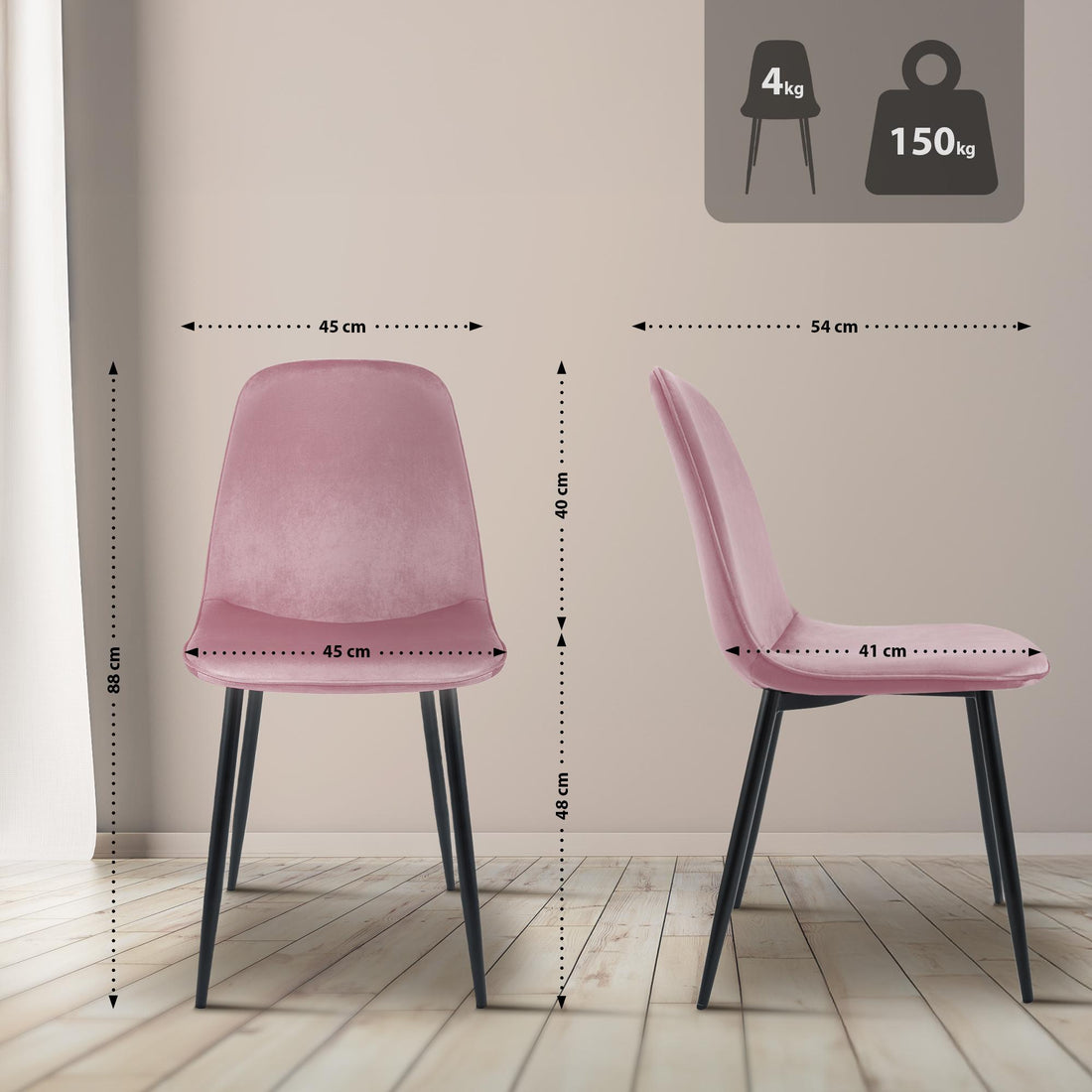 Set van 2 eetkamerstoelen Maryam | Kleur: roze | Afmetingen: 45x54x88 cm