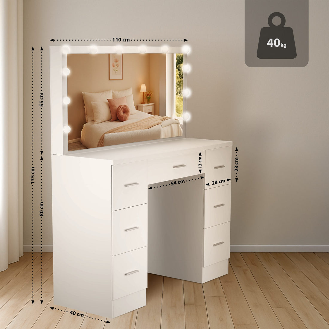 Kaptafel Ginny met Hollywood-spiegel en LED-lampen | Kleur: Wit | Afmetingen: 110x40x135 cm