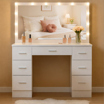 Kaptafel Ginny met Hollywood-spiegel en LED-lampen | Kleur: Wit | Afmetingen: 110x40x135 cm