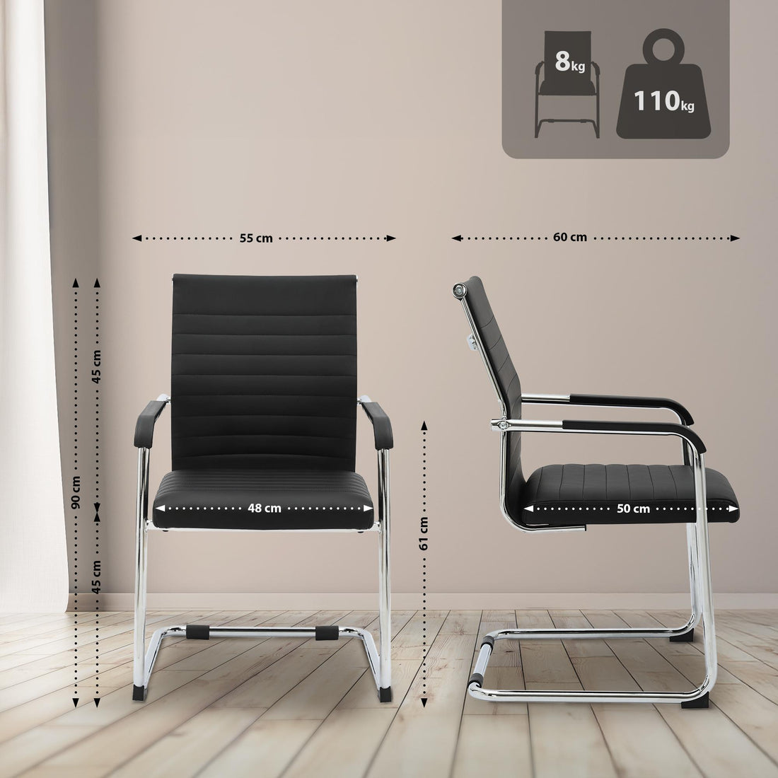 Konferenzstuhl Hakon - Schwarzer PU-Besucherstuhl | Farbe: Schwarz | Abmessungen: 55x62x90 cm