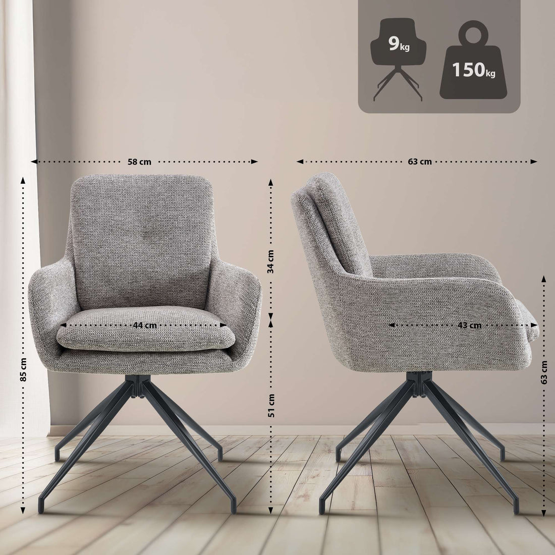 2er-Set Pickett Esszimmerstühle aus Stoff | Farbe: Taupe | Abmessungen: 58x63x85 cm