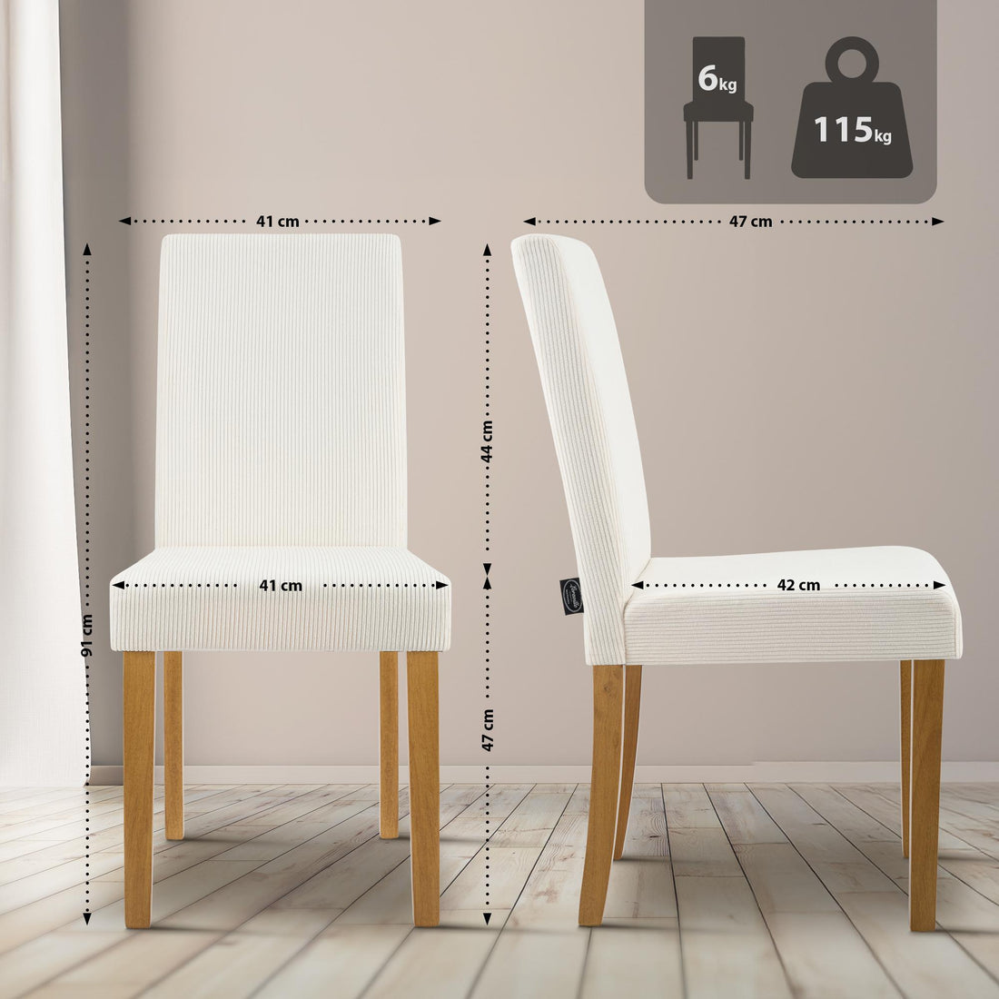 2-delige set Ina eetkamerstoelen - Corduroy | Kleur: Creme | Afmetingen: 41x47x91 cm