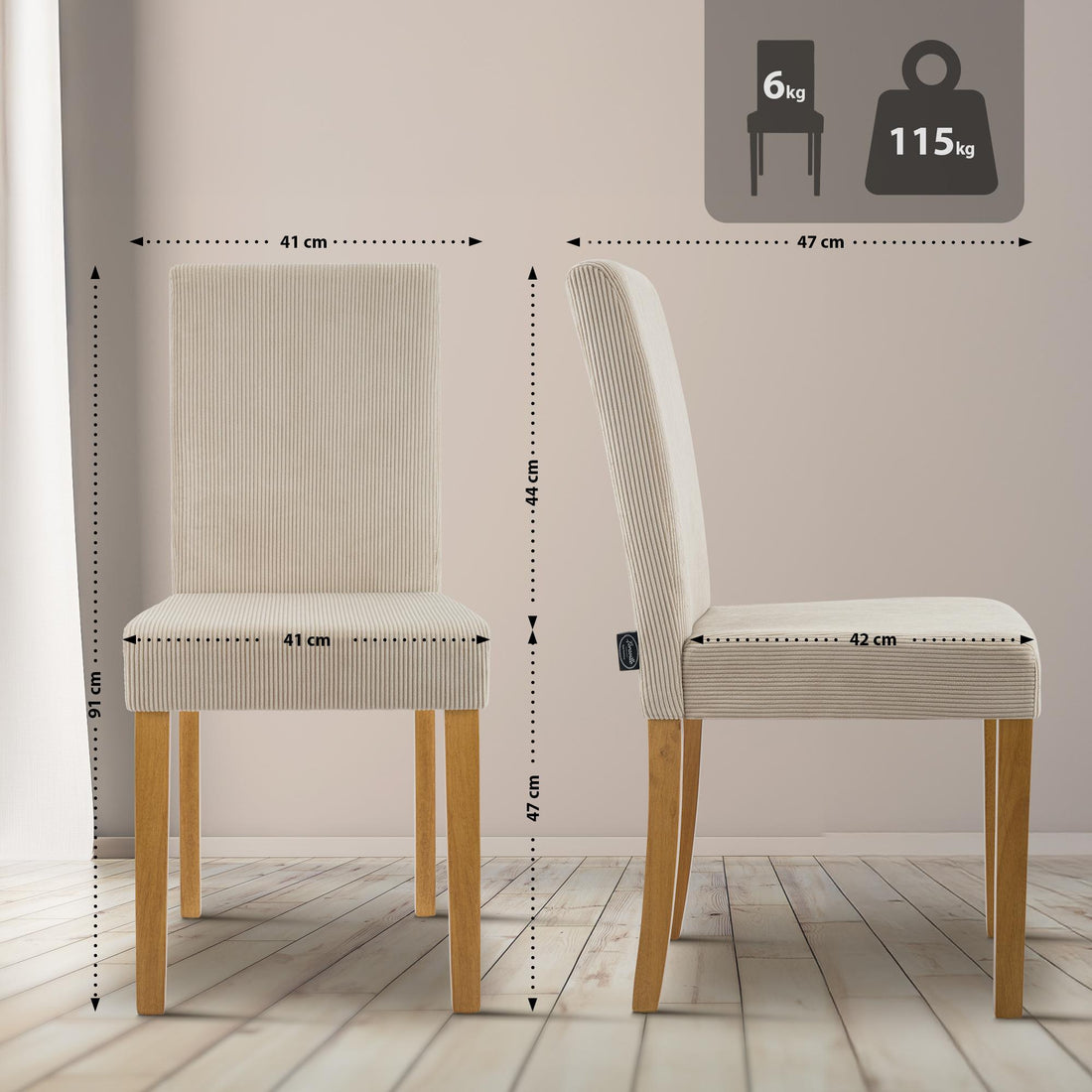 2-delige set Ina eetkamerstoelen met ribstof | Kleur: licht bruin | Afmetingen: 41x47x91 cm