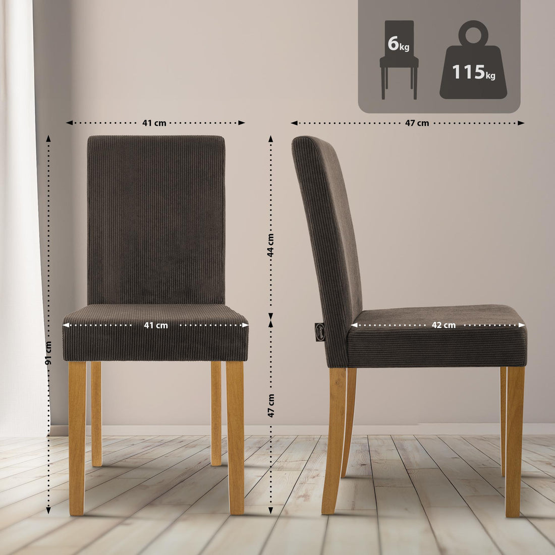 2-delige set Ina eetkamerstoelen - Corduroy | Kleur: Bruin | Afmetingen: 41x47x91 cm