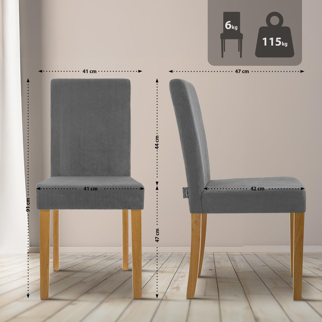 2-delige eetkamerstoelen Ina met corduroy | Kleur: Grijs | Afmetingen: 41x47x91 cm