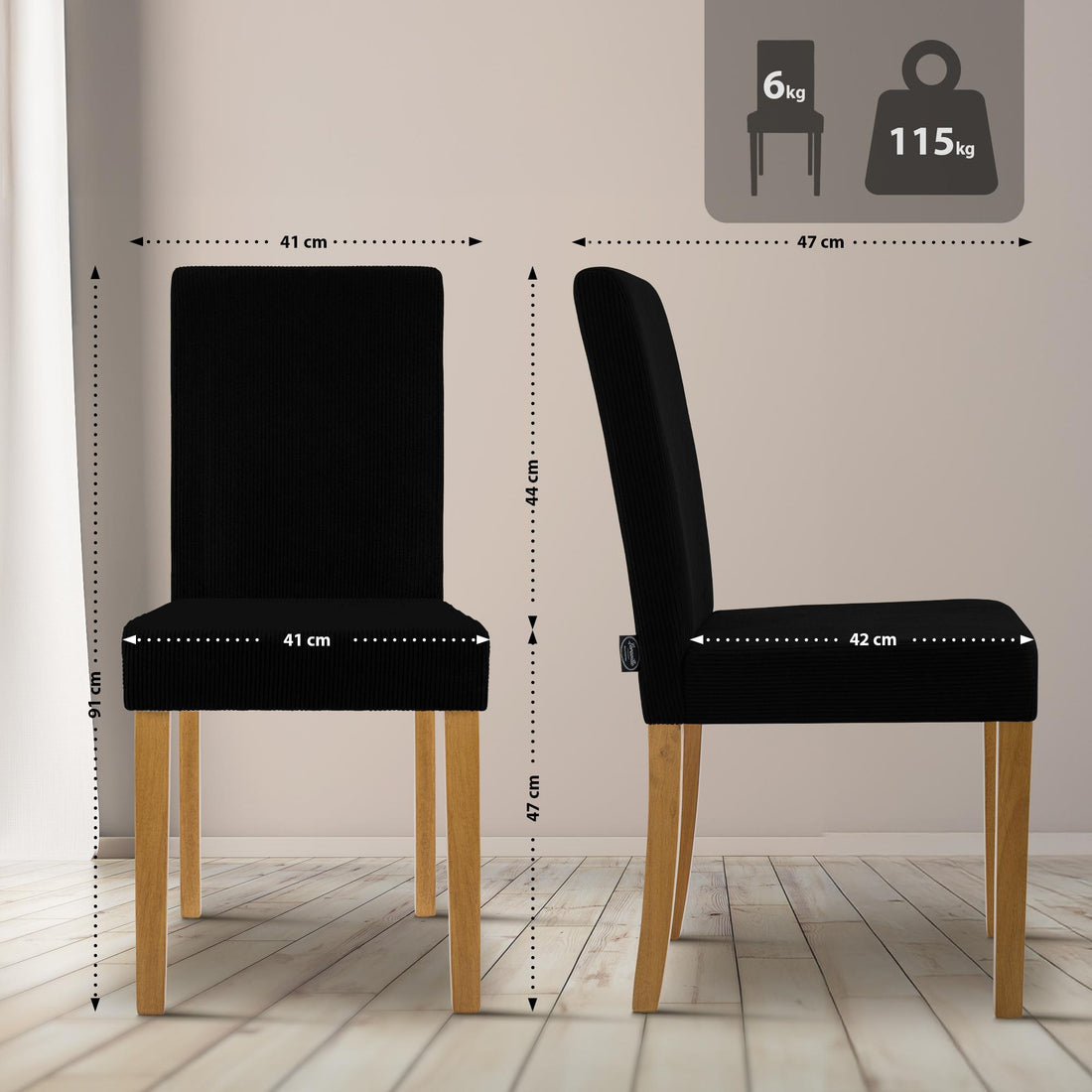 2-delige set Ina eetkamerstoelen met ribstof | Kleur: Zwart | Afmetingen: 41x47x91 cm