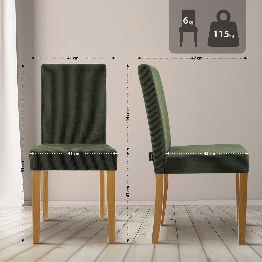 2-delige set Ina eetkamerstoelen met corduroy | Kleur: groen | Afmetingen: 41x47x91 cm