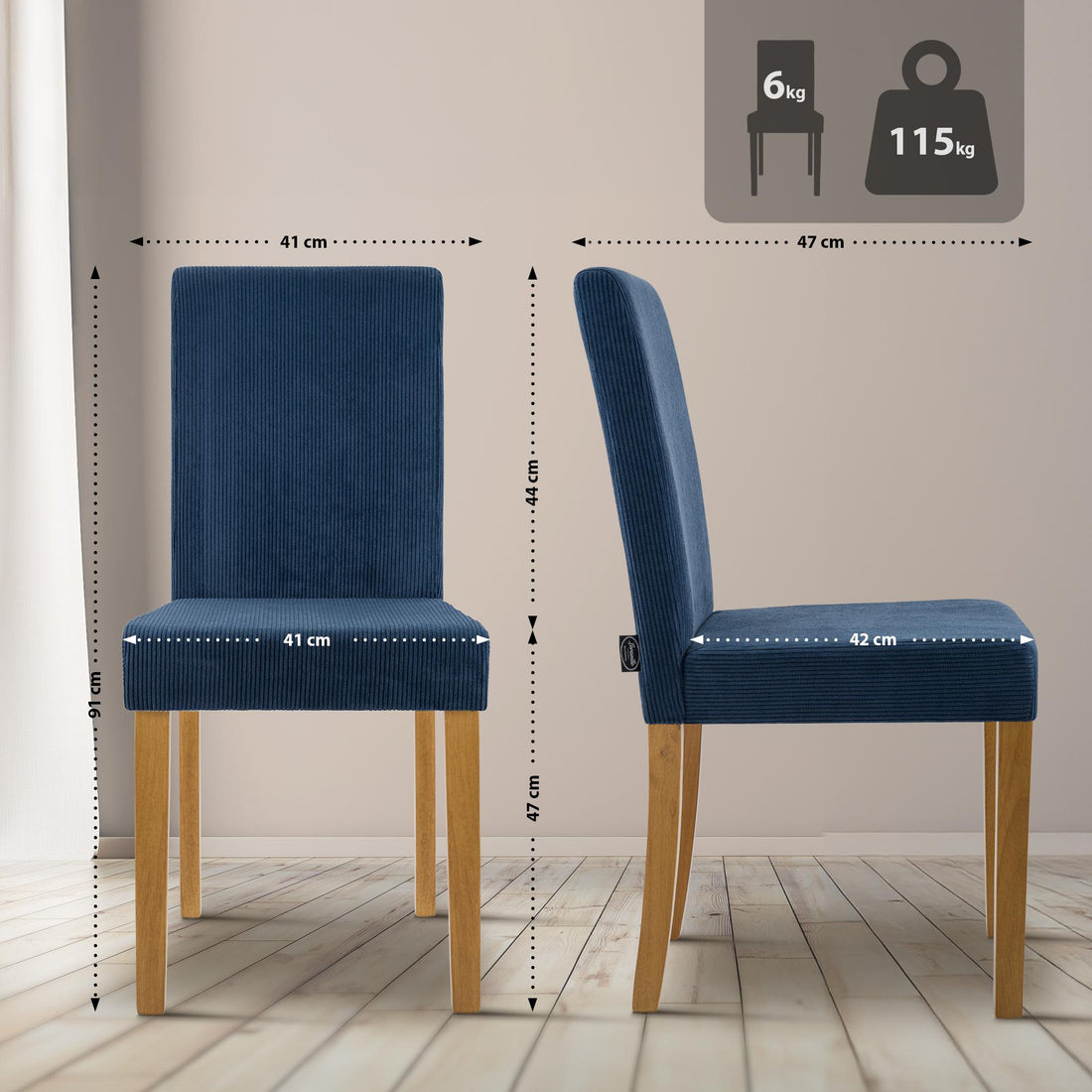 2-delige set Ina eetkamerstoelen corduroy blauw | Kleur: blauw | Afmetingen: 41x47x91 cm
