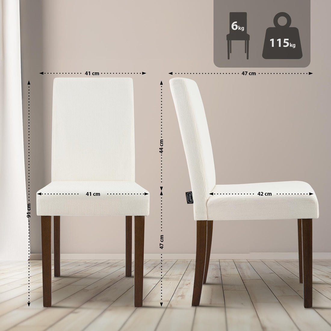 2-delige set Ina eetkamerstoelen met corduroy | Kleur: Creme | Afmetingen: 41x47x91 cm