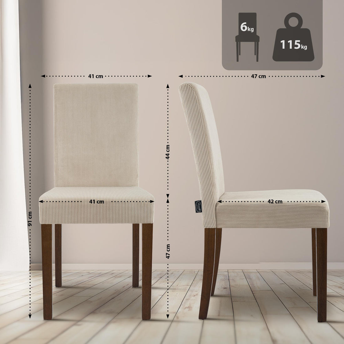 2-delige set Ina eetkamerstoelen met ribstof | Kleur: licht bruin | Afmetingen: 41x47x91 cm