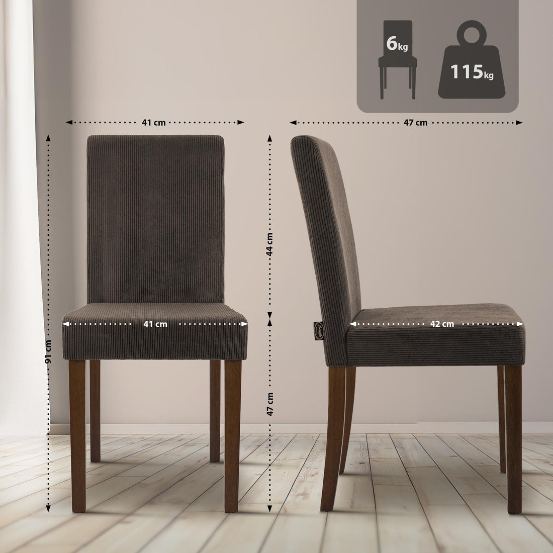 2-delige set Ina eetkamerstoelen met ribstof | Kleur: Bruin | Afmetingen: 41x47x91 cm