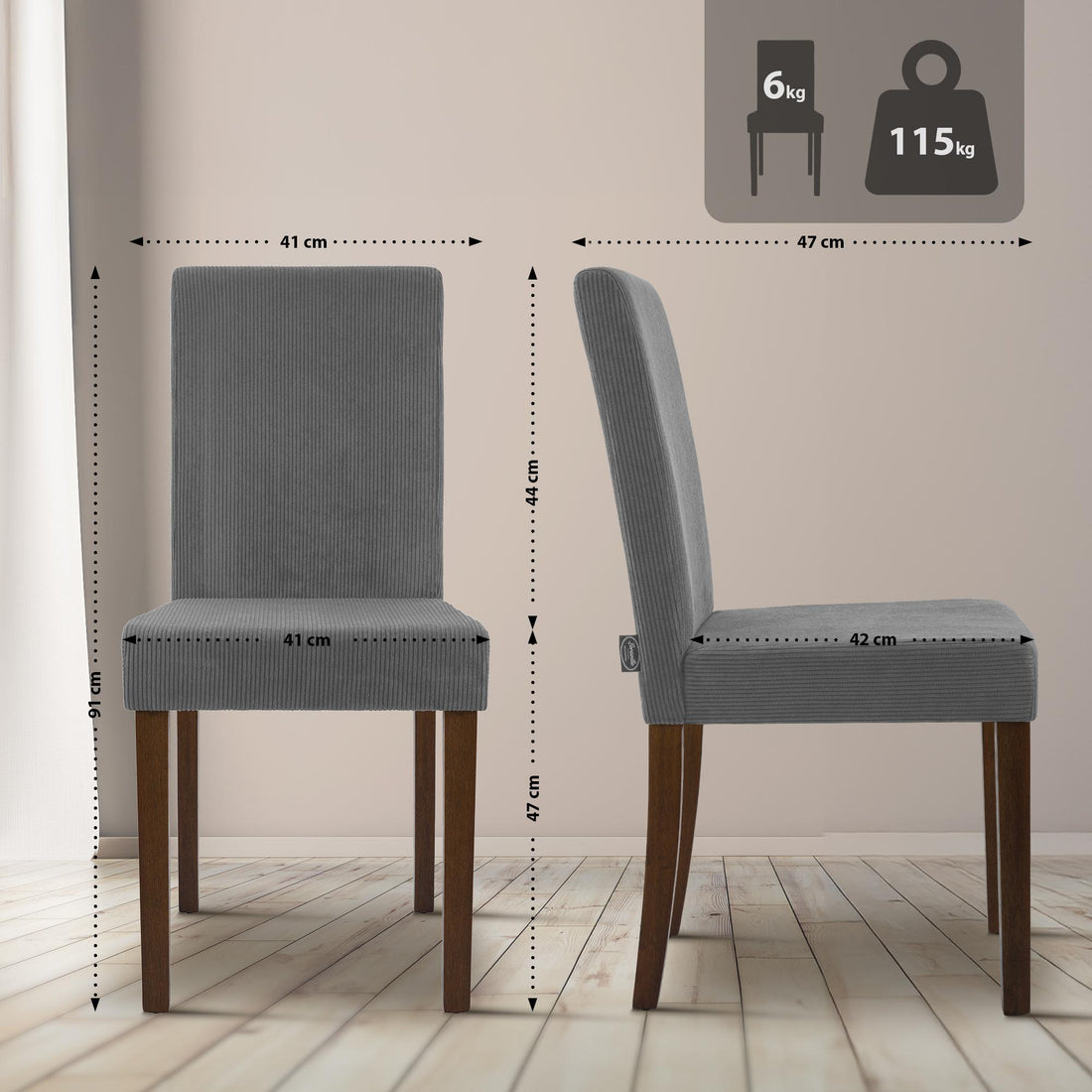 2-delige Ina eetkamerstoelenset met ribstof | Kleur: grijs | Afmetingen: 41x47x91 cm