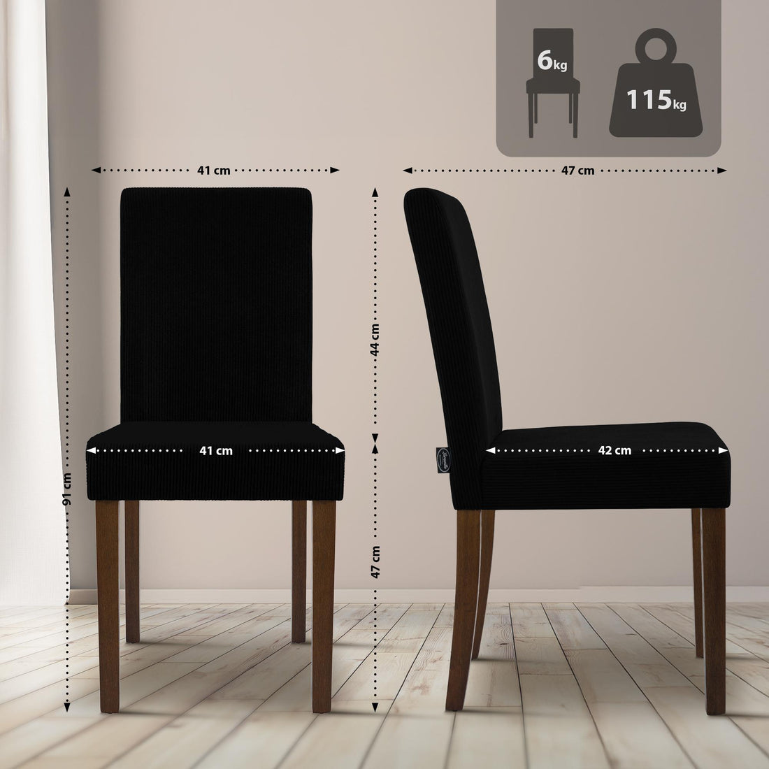 2-delige Ina eetkamerstoelenset met ribstof | Kleur: Zwart | Afmetingen: 41x47x91 cm