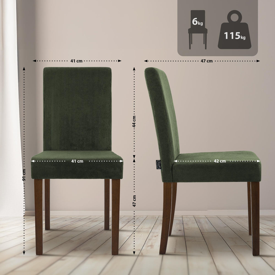 2-delige Ina eetkamerstoelenset met corduroy | Kleur: Groen | Afmetingen: 41x47x91 cm