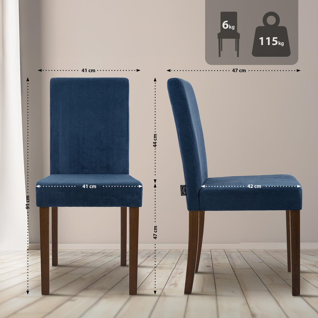 Ina eetkamerstoelen set van 2 met corduroy | Kleur: Blauw | Afmetingen: 41x47x91 cm