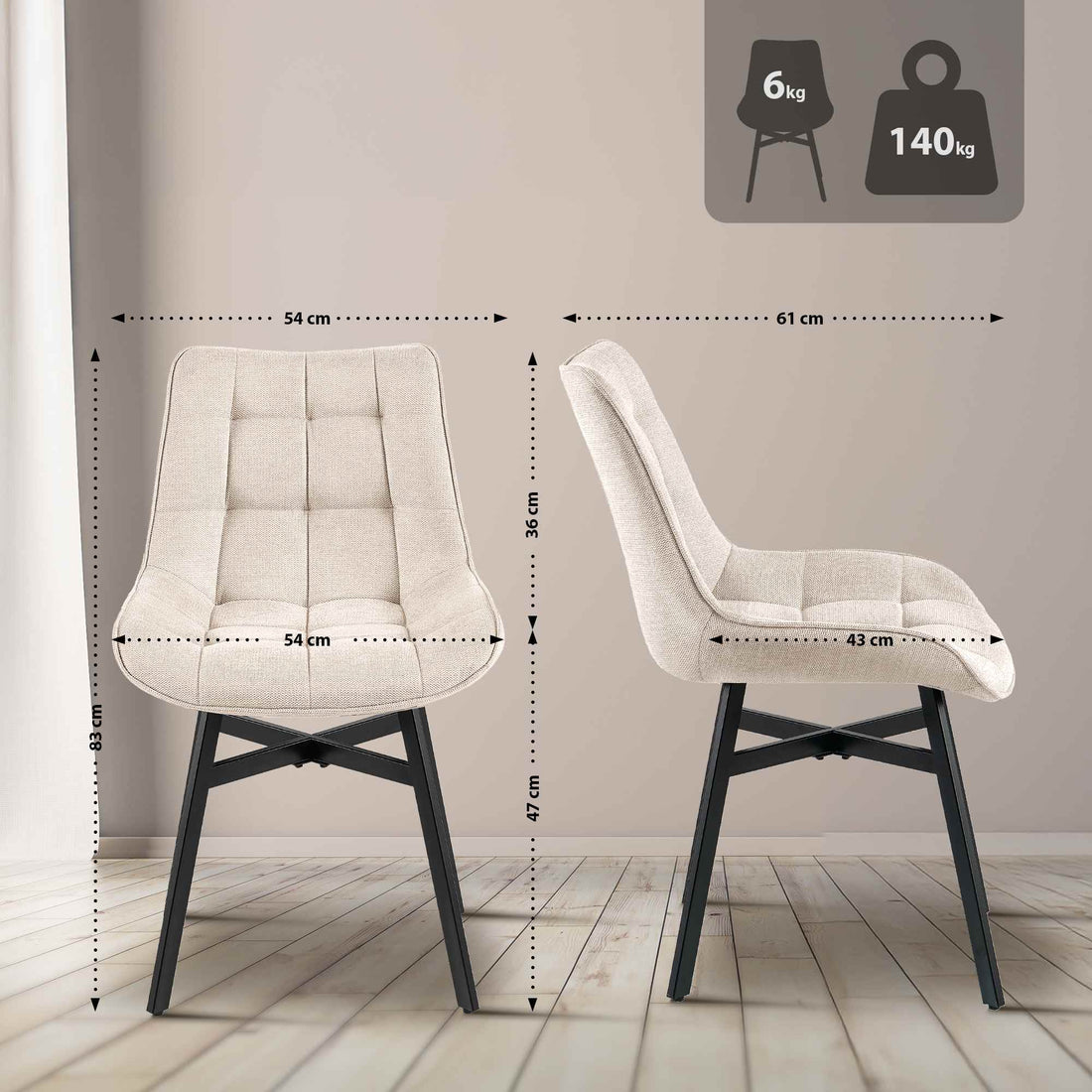 Eetkamerstoel Colby - Gestoffeerd | Kleur: Creme | Afmetingen: 54x61x83 cm