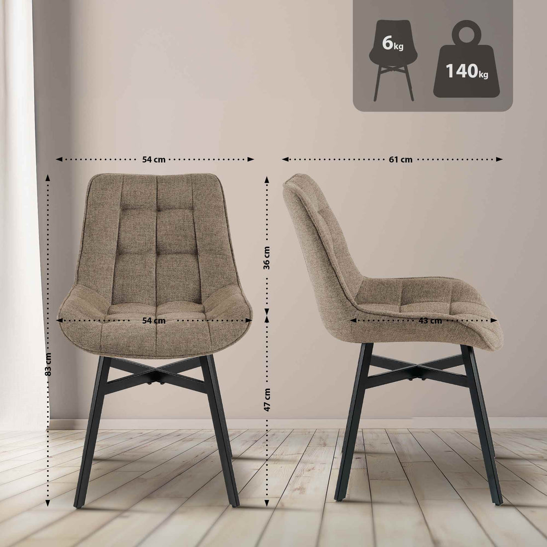 Eetkamerstoel Colby - Gestoffeerd | Kleur: Taupe | Afmetingen: 54x61x83 cm