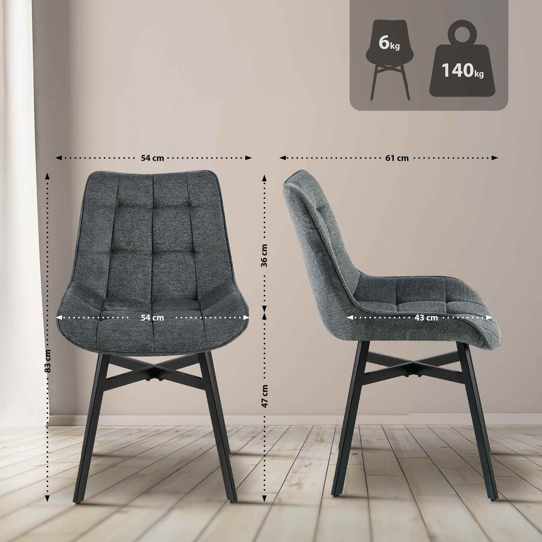 Eetkamerstoel Colby - Gestoffeerd | Kleur: Donkergrijs | Afmetingen: 54x61x83 cm