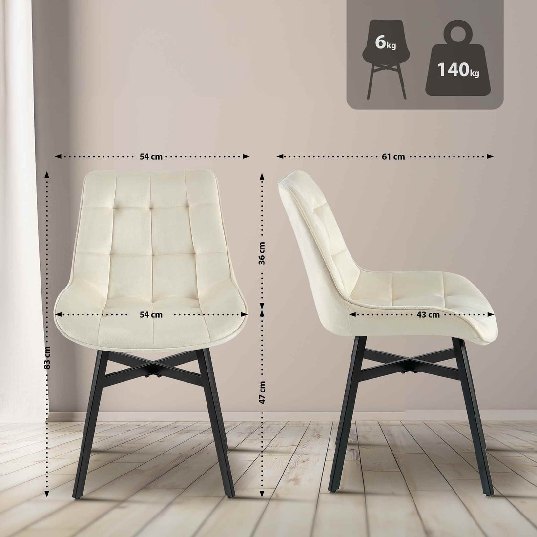 Eetkamerstoel Colby - Gestoffeerde stoel | Kleur: Creme | Afmetingen: 54x61x83 cm