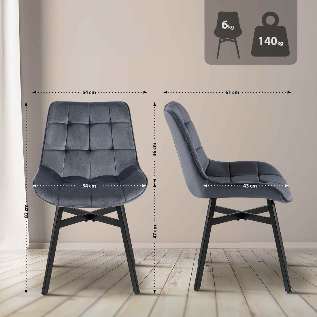 Eetkamerstoel Colby - Gestoffeerde stoel | Kleur: Donkergrijs | Afmetingen: 54x61x83 cm