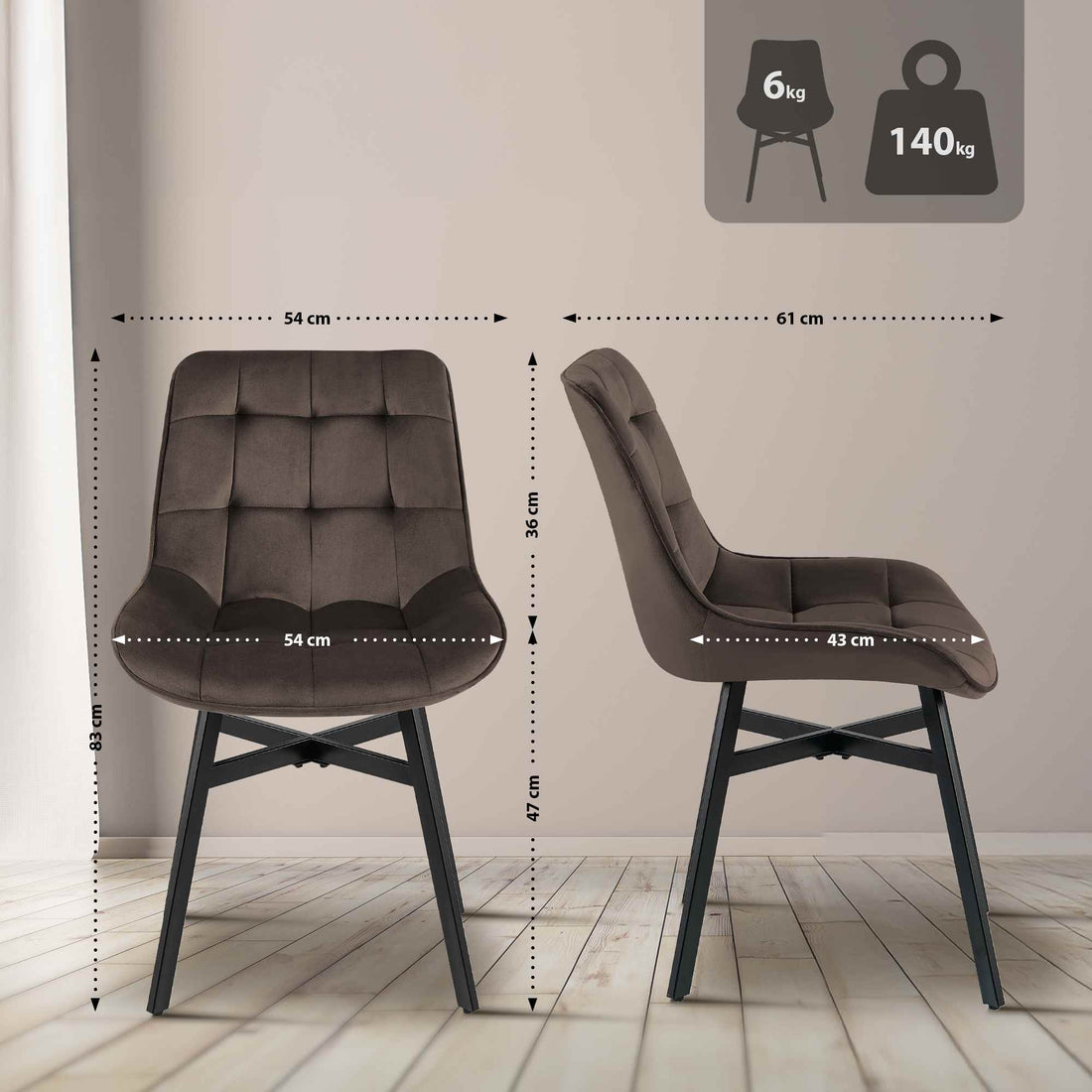 Eetkamerstoel Colby - Gestoffeerde stoel | Kleur: Bruin | Afmetingen: 54x61x83 cm