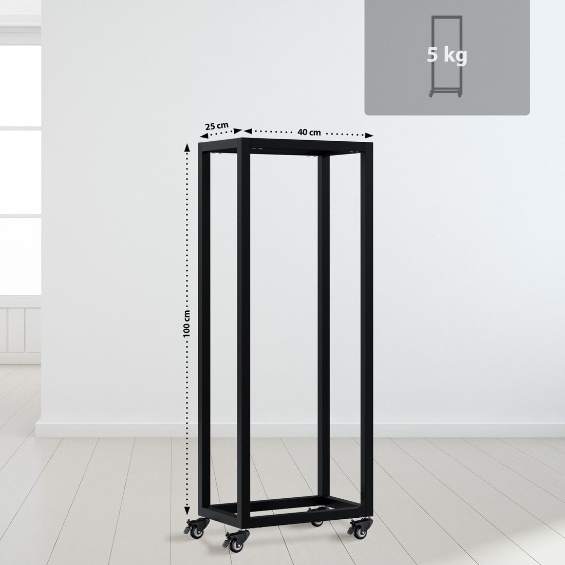 Houtopslag Hilta - Haardhoutrek op wielen | Kleur: zwart | Afmetingen: 40x25x100 cm