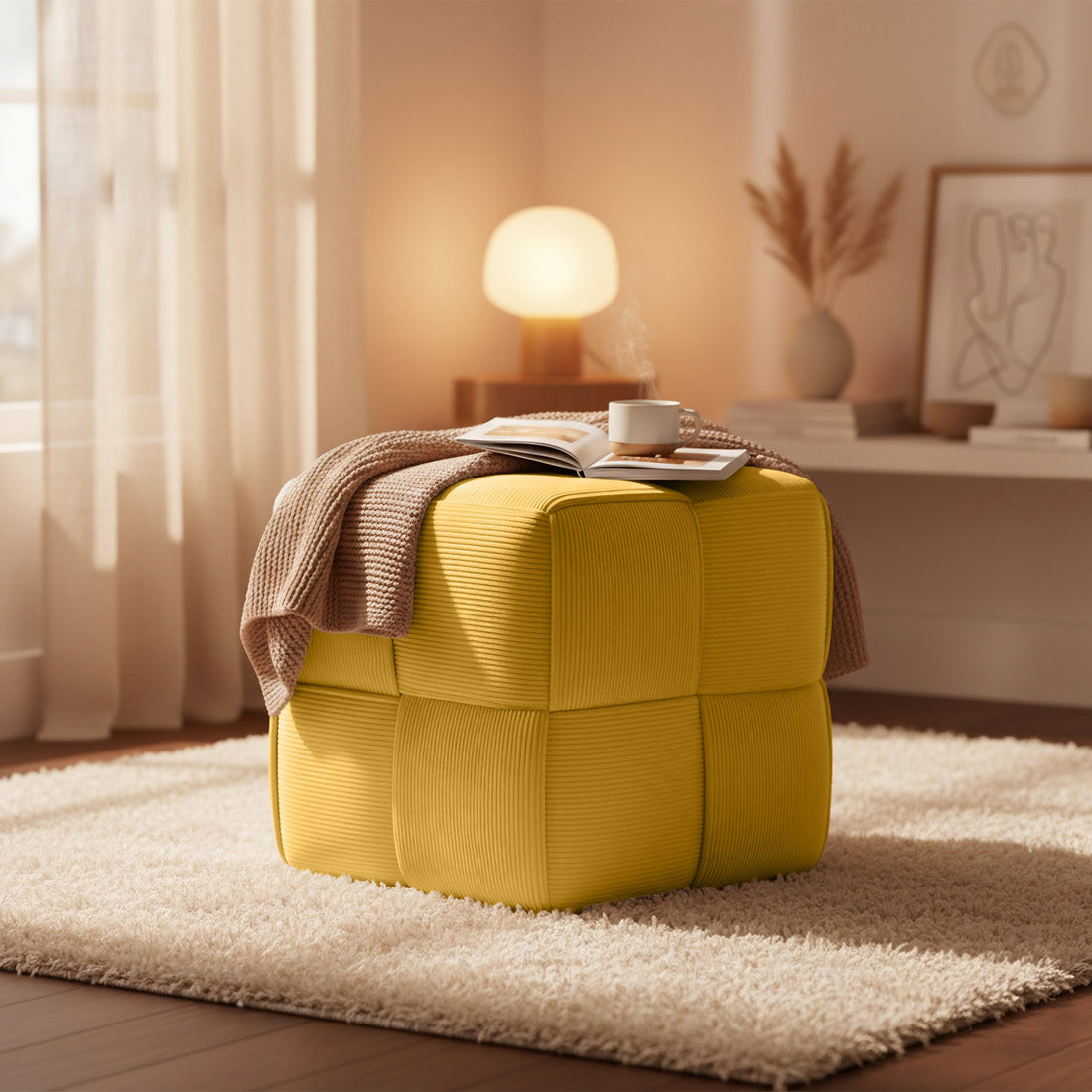 Poef Forinta Cord - Ribstof | Kleur: Geel | Afmetingen: 40x40x40 cm