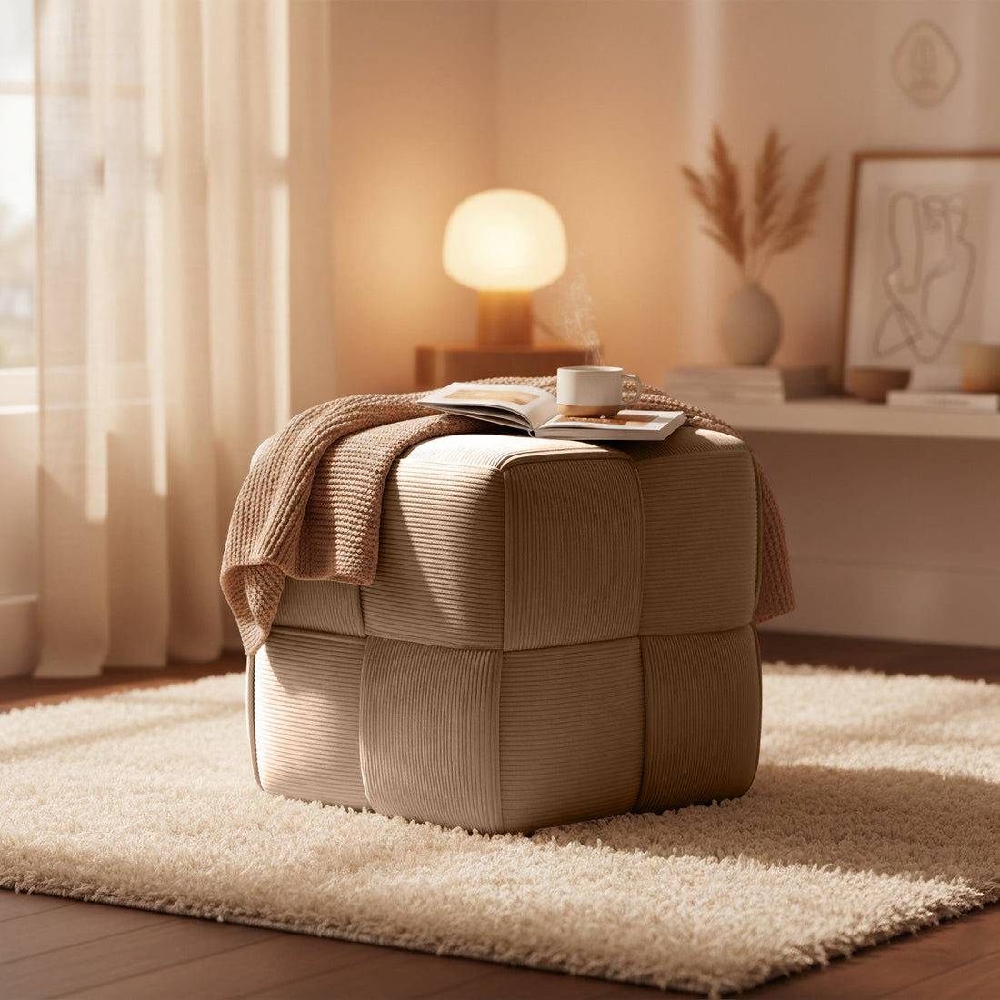 Poef Forinta Cord | Kleur: Taupe | Afmetingen: 40x40x40 cm