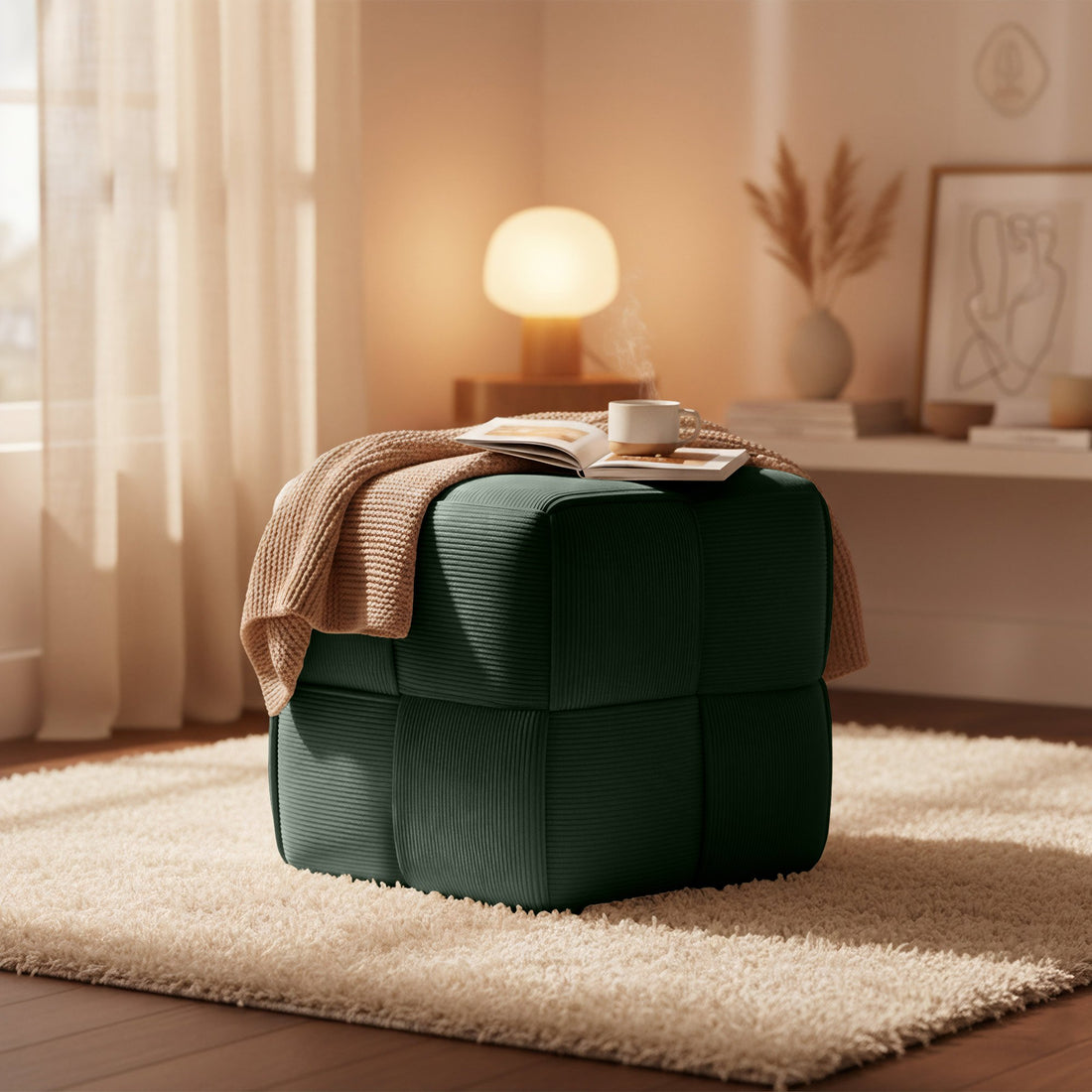 Poef Forinta Cord - Groene corduroy poef | Kleur: donkergroen | Afmetingen: 40x40x40 cm